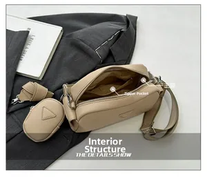 Detail view of the interior structure of the beige PU leather crossbody camera bag