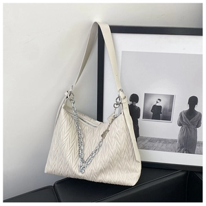 Chic beige pleated PU leather crossbody bag with silver chain and wide strap