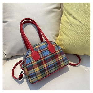 Vintage Plaid Fabric Shoulder Bag For Women Red Synthetic Leather Stitching Crossbody Handbag With Zipper Urban Simple Bag