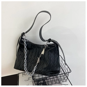 2024 trendy black pleated PU crossbody bag with silver rabbit and heart chain charms