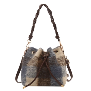 Fashionable blue and brown plaid plush bucket bag with woven handle and drawstring