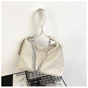 Chic cream white pleated PU leather crossbody bag with silver heart chain and long strap