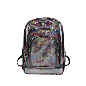 Transparenter PVC Rucksack mit buntem Graffiti Print, trendige Schultasche für Schüler.