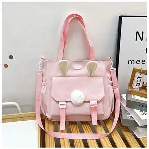 Fashion Women Nylon Shoulder Bag Cute Rabbit Ears Plush Ball Large Capacity Tote Crossbody Bag Casual Handbag For Daily
