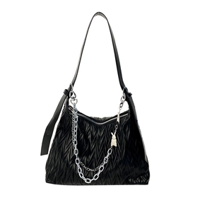 Fashionable black Hobo bag with pleated texture, silver chains and white bunny charm