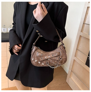 Retro brown PU leather underarm bag with metal studs and chain on shoulder strap