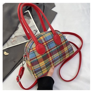 Chic multi-color tartan half-moon handbag with premium red leather straps and top zipper