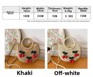 Size chart and dimensions for the woven crescent handbag with cherry decorations