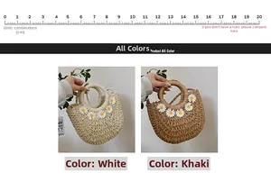 Size comparison showing woven straw handbags with daisy patches and a measuring ruler
