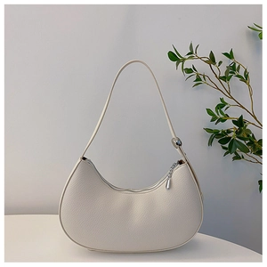 Minimalist cream white crescent hobo bag with litchi texture and silver hardware