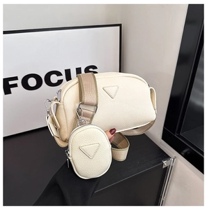 Chic beige lychee leather crossbody bag set with wide strap and round coin purse pouch