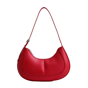 Minimalist red moon-shaped PU leather hobo bag with adjustable silver metal buckle strap