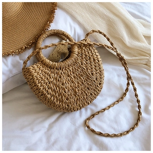 Fashion woven straw crossbody bag with semicircular design and lace detail for women