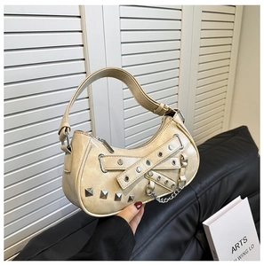 Chic off-white Hobo shoulder bag with silver studs and chain details for 2024 fashion