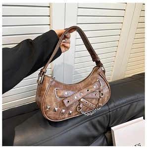 Brown vintage PU leather shoulder bag with punk rivets and chains in Y2K style
