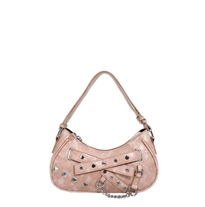Pink PU leather half-moon shoulder bag with silver rivets and Y2K punk style chain