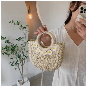 Detail of woven straw handbag featuring yellow daisy floral appliqués and round handle