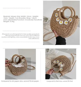 Detailed view of woven straw crossbody bag with white daisy floral accents and wood-tone finish