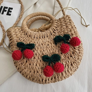 Fashionable woven handbag with crochet cherry decor and drawstring closure for women