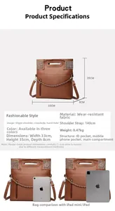 Detailed technical specifications of the brown tote bag with dimensions and internal pockets