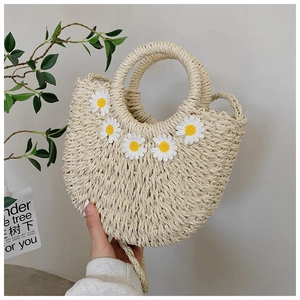 Women Fashion Straw Woven Handbag Crossbody Bag Fresh Daisy Applique Round Handle Shoulder Bag For Summer Beach Vacation
