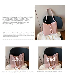 Detailed view of pink pleated crossbody bag showing dimensions and size comparison to iPad