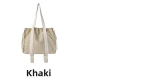 Close-up of the khaki canvas tote bag featuring drawstring closure and magnetic snap button