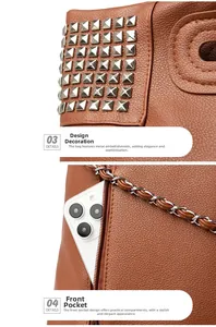 Detail view of brown pebbled leather bag featuring silver rivets and front pocket with phone