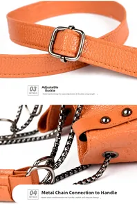 Détail du sac à main en cuir grainé orange avec boucles en métal et maillons de chaîne
