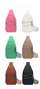 Detailed grid of six chic PU leather crossbody bags with colorful patterned wide straps