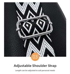 Detail of adjustable black and white geometric pattern shoulder strap with silver buckle