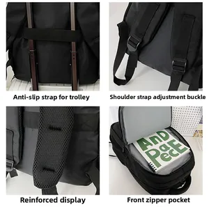 Detail view of nylon backpack featuring trolley sleeve, adjustable straps, and zipper pocket