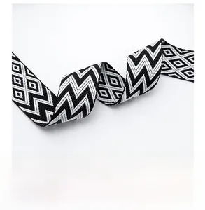 Detail of widened woven shoulder strap with black and white geometric wave patterns