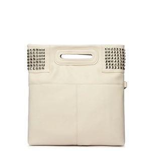 Chic cream white leather tote bag with silver square studs and hollow handle design