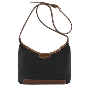 Chic black nylon handbag with brown leather trim and stylish crossbody shoulder strap