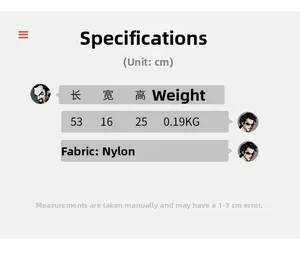 Detailed size chart for nylon crossbody bag showing 53x16x25cm dimensions and 0.19kg weight