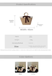 Size chart and color comparison of woven straw tote bag with decorative bow and ring handles