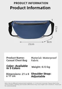Waterproof navy blue chest bag details with size 21x8x17cm and 0.13kg weight display
