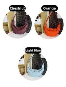 Nylon crossbody dumpling bags shown in maroon, orange, and light blue colors