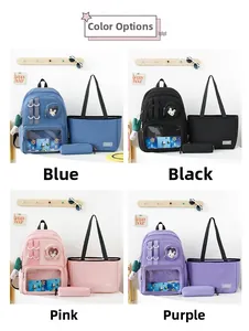 Three-piece nylon backpack set in four colors with clear pockets and cute charms