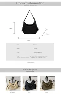 Detailed view of canvas crossbody bag dimensions and side drawstring pocket design