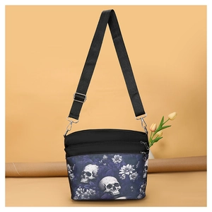 Sac Bandoulière Gothique Imprimé Crâne et Fleurs en Tissu Oxford pour Femmes Tendance Urbain Minimaliste Multi Poches avec Sangle Réglable