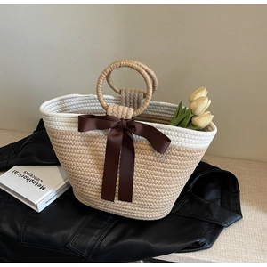 Women Stylish Bicolor Hand-Woven Cord Tote Bag Large Capacity Handbag With Ribbon Bow Contrast Color Vacation Beach Bag