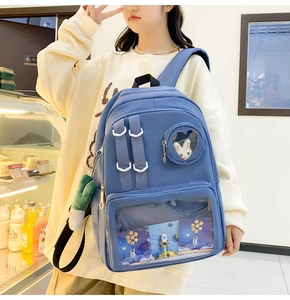 Blue nylon backpack featuring a heart-shaped clear window with a cute white bunny plush