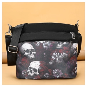Sac à bandoulière noir en tissu Oxford chic avec motif gothique de crâne et de fleurs