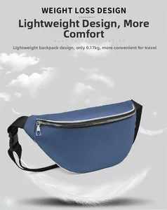 Detail of lightweight blue nylon chest bag weighing 0.17kg with adjustable strap