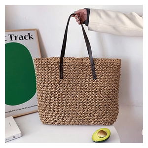 Large Capacity Woven Straw Tote Bag With Synthetic Leather Straps Minimalist Summer Vacation Beach Shoulder Handbag For Women