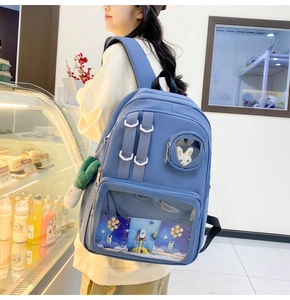 Detail of blue nylon backpack featuring a heart-shaped window and astronaut theme display