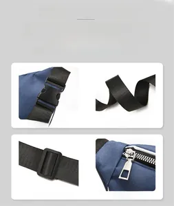 Detail of durable buckle, soft strap, adjustable ring and smooth zipper on blue chest bag