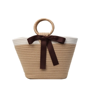 Fashionable hand-woven cotton rope tote bag with dark brown bow and circular handles